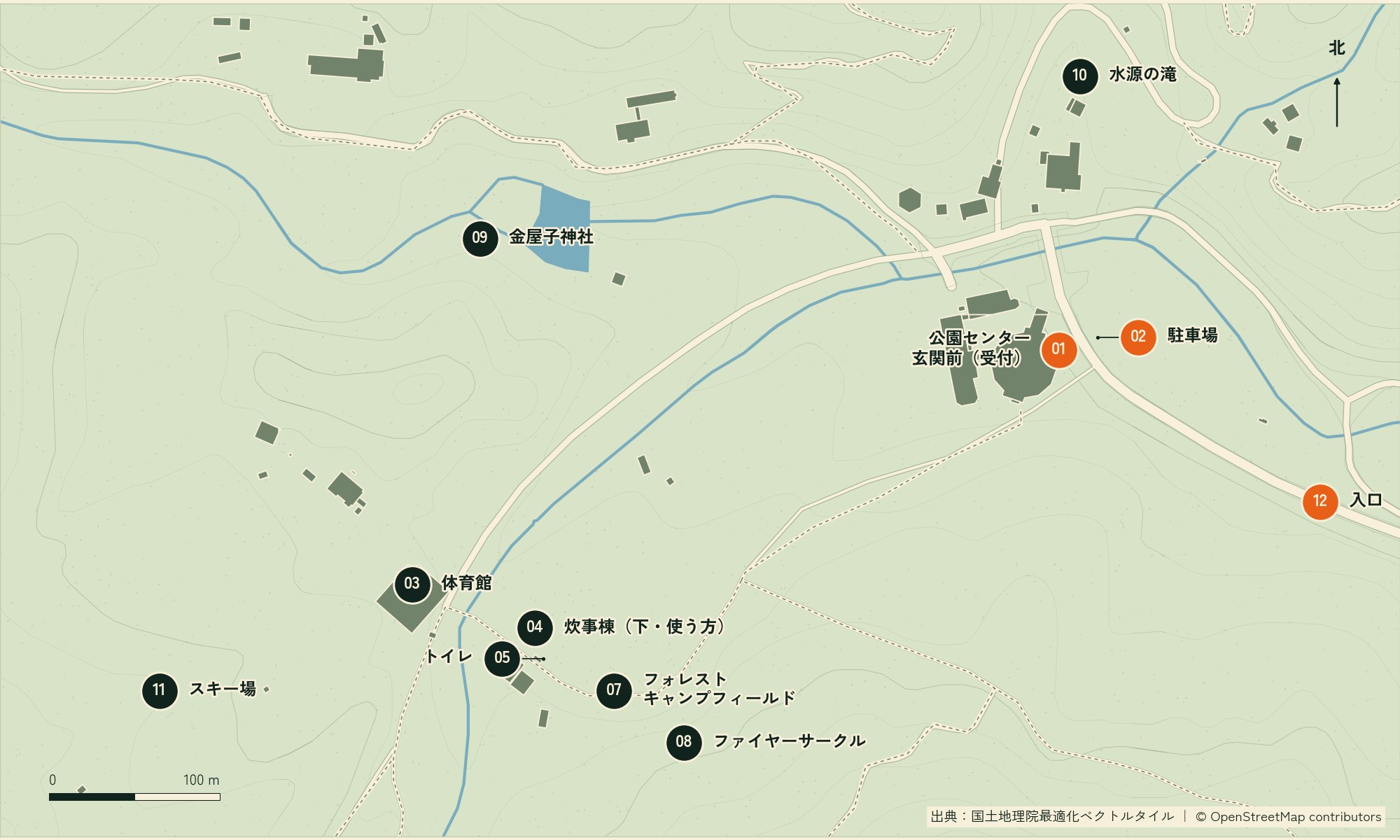 ひろしま県民の森の会場案内図。入口・駐車場・公園センター(受付)・テントサイトの位置